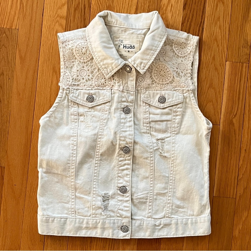 Mudd Juniors M Off White Distressed Denim Vest with Lace/Crochet Detail
